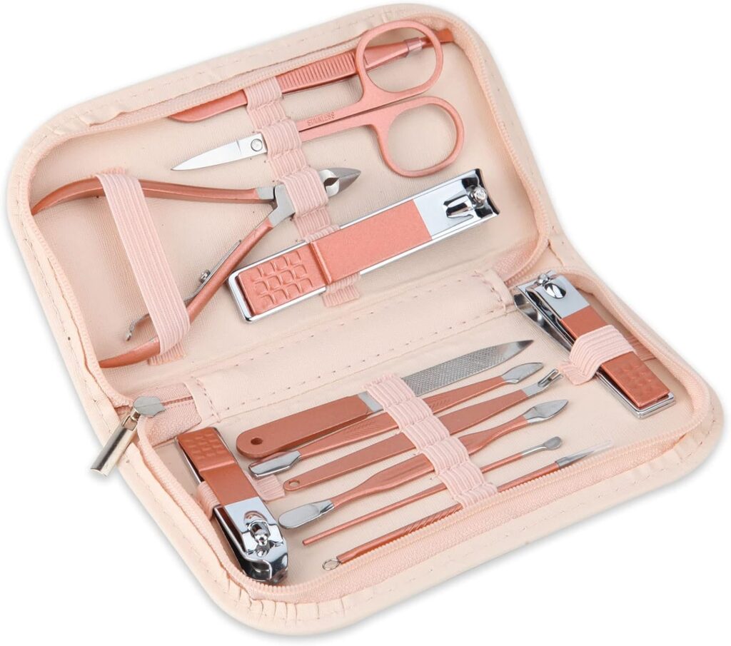 
Nail Clippers and Beauty Tool Portable Set, Rose Gold Martensitic Stainless Steel Manicure Set 12 in 1, with Pink Leather Bag, Suitable for Home, Workplace