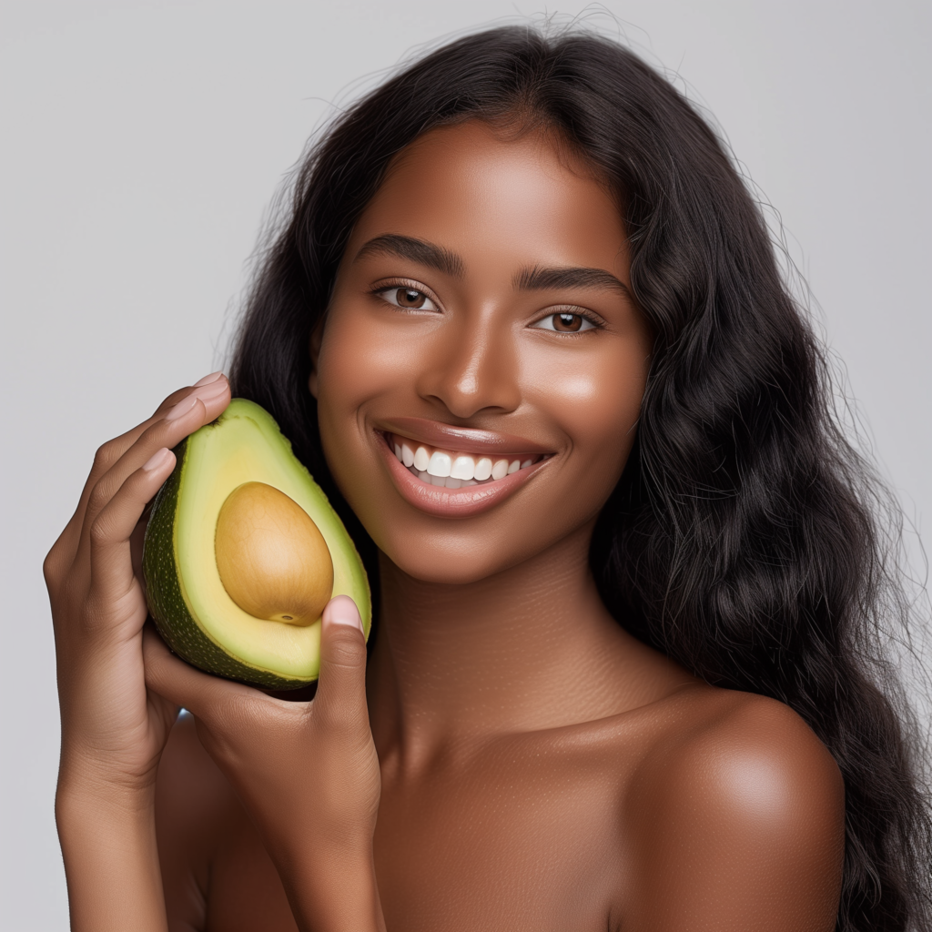 A beautiful girl holding half an avocado for her DIY home hair treatment